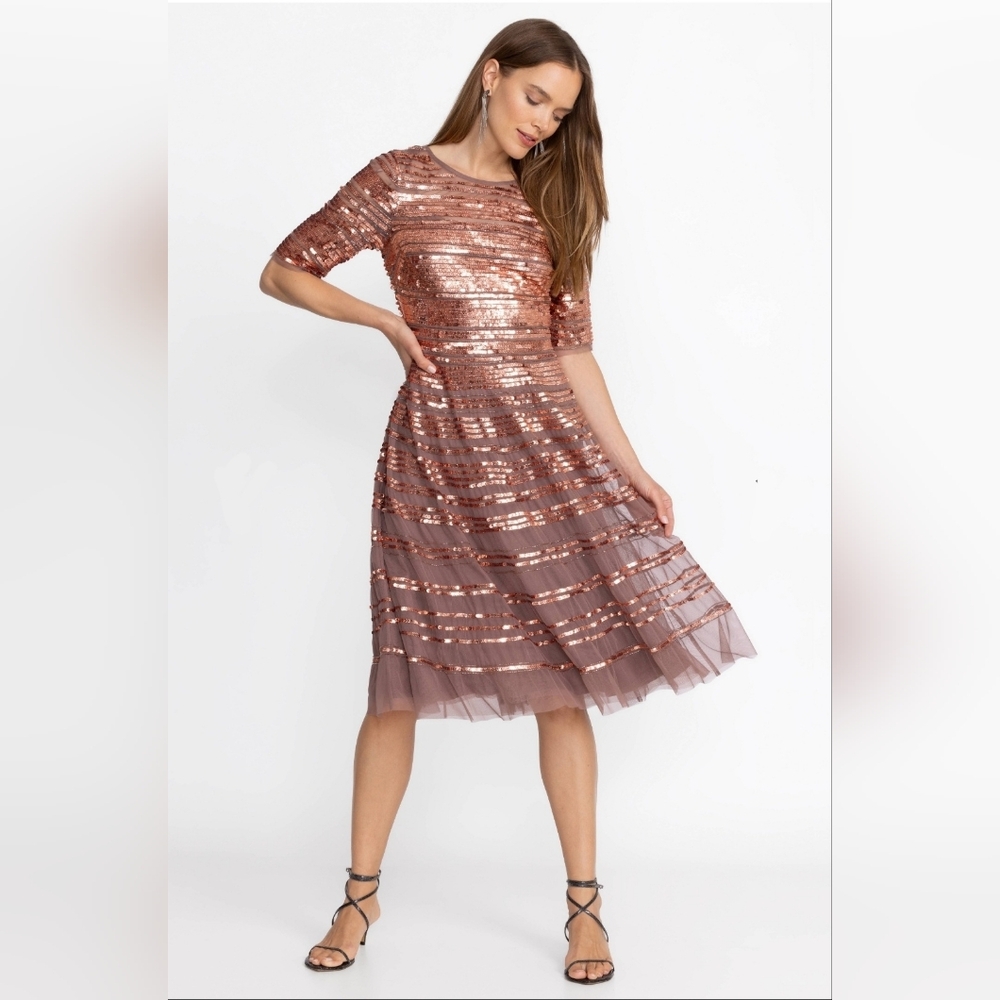 NWT Size 10 Johnny Was Sepia Beaded Sequin Midi Cocktail Dress - Picture 2 of 9